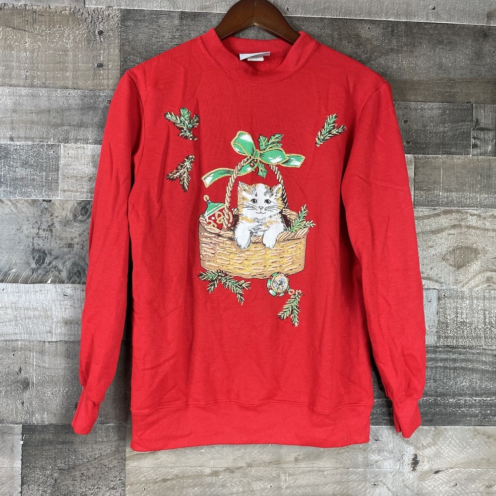 Vintage 90s Blair Sweatshirt Womens S Red With Puff Paint Christmas‎ Cat Glitter
